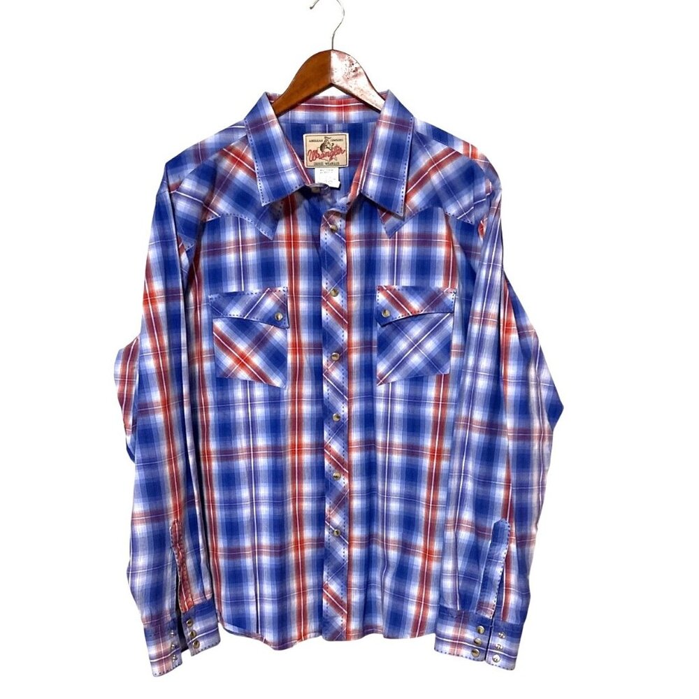 VTG Wrangler Silver Snap Men’s XXL Blue Plaid Shirt Western Cowboy Rodeo Pockets - Picture 1 of 6